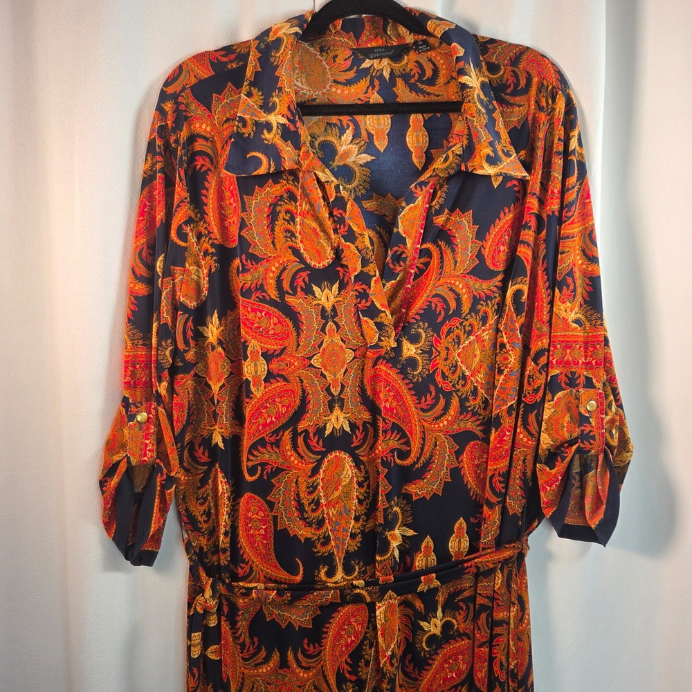 Mlle Gabrielle Women Paisley Midi Dress Roll Tab Sleeve Fall Autumn Boho - Picture 3 of 10
